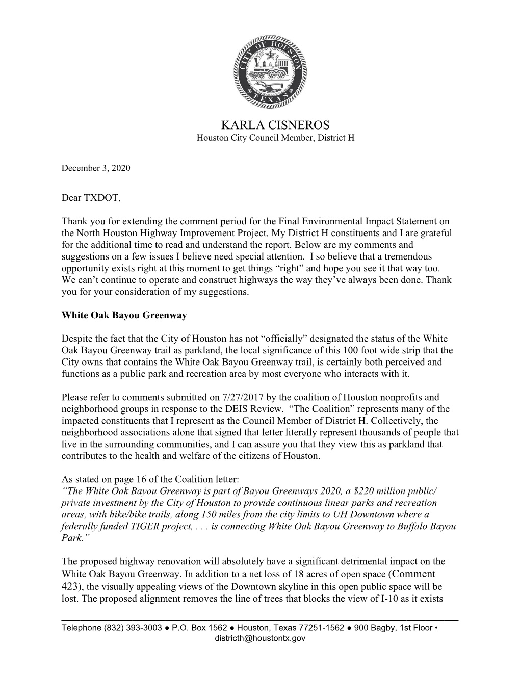 Council Member Cisneros Comments on FEIS to Txdot