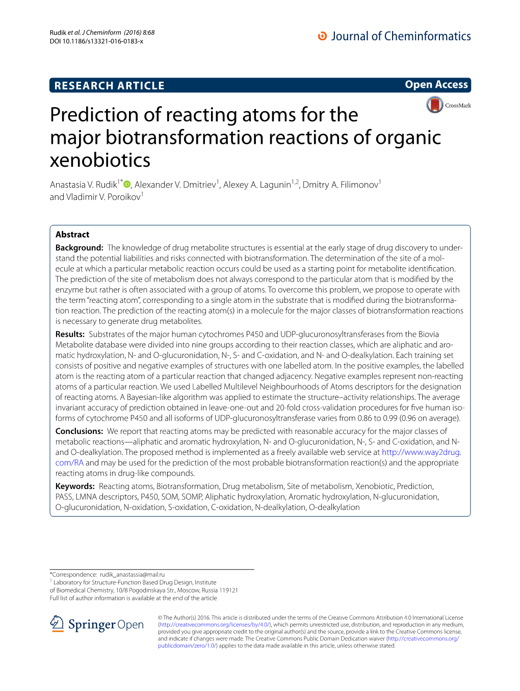 Prediction of Reacting Atoms for the Major Biotransformation Reactions of Organic Xenobiotics Anastasia V