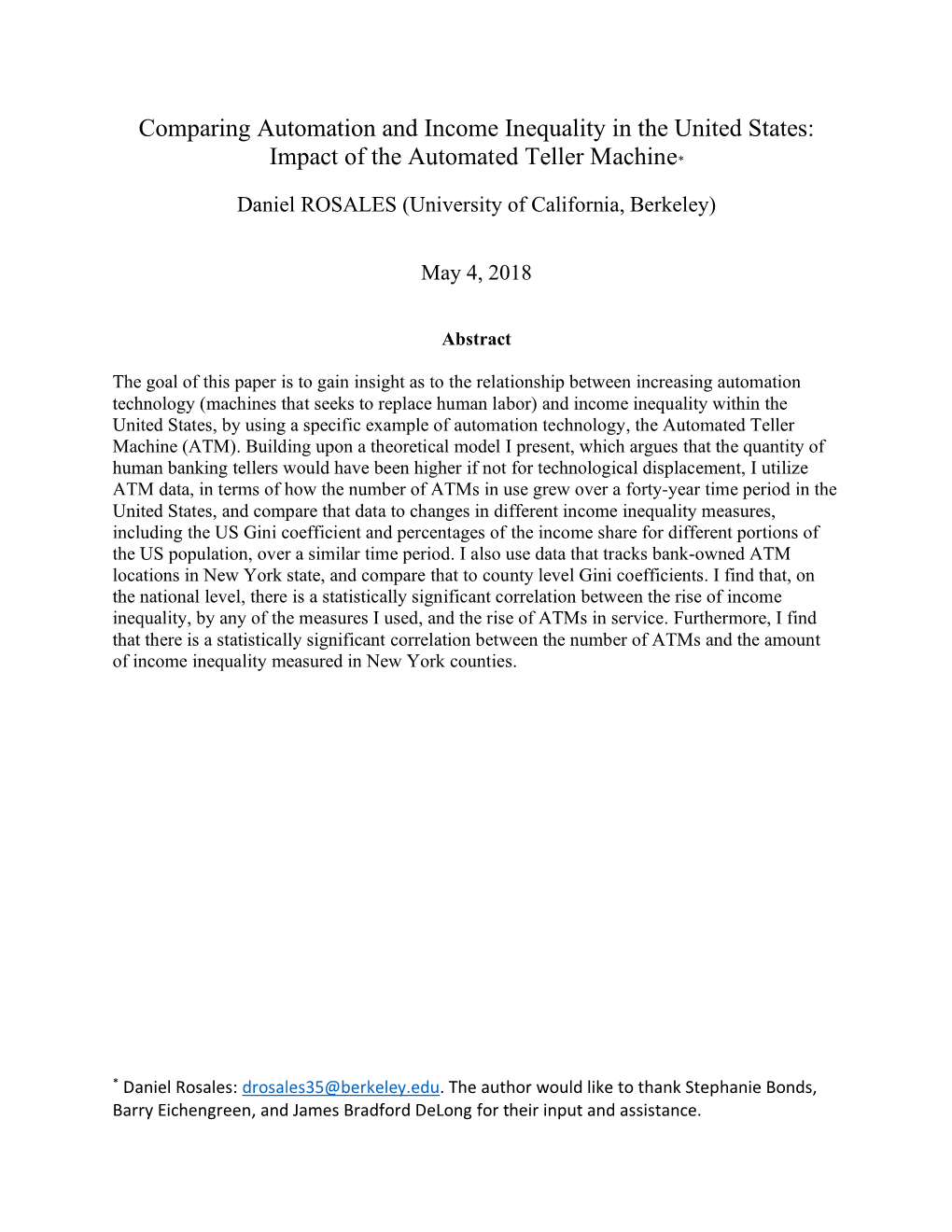 Comparing Automation and Income Inequality in the United States: Impact of the Automated Teller Machine*