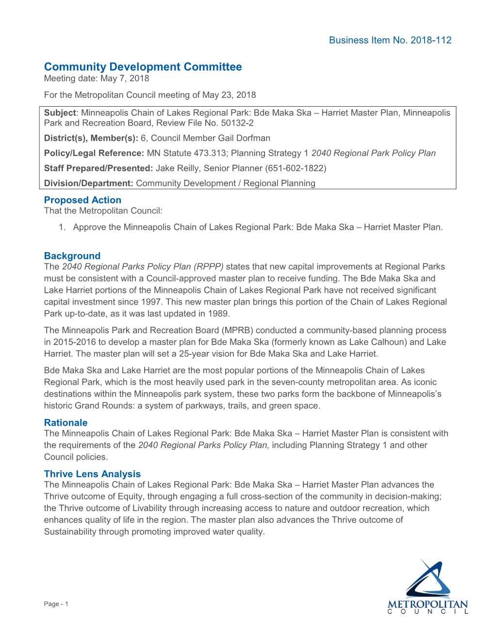 Community Development Committee Meeting Date: May 7, 2018 for the Metropolitan Council Meeting of May 23, 2018