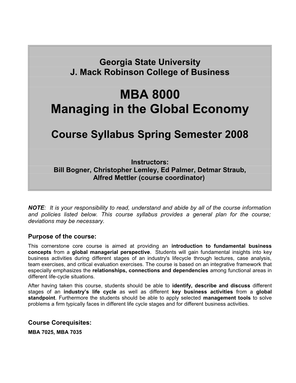 Georgia State University MBA 8000: Managing in the Global Economy