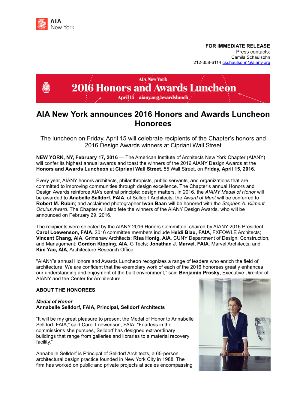 AIA New York Announces 2016 Honors and Awards Luncheon Honorees