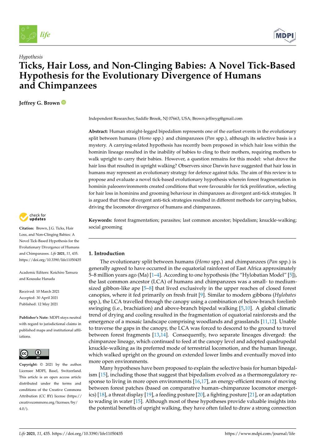 Ticks, Hair Loss, and Non-Clinging Babies: a Novel Tick-Based Hypothesis for the Evolutionary Divergence of Humans and Chimpanzees