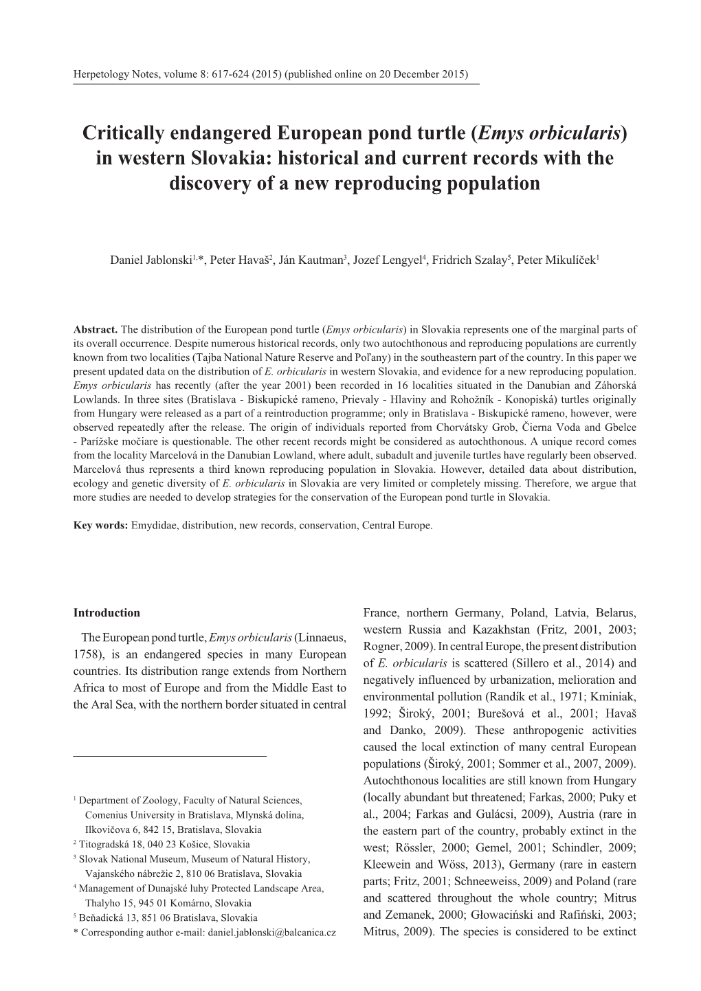 Emys Orbicularis) in Western Slovakia: Historical and Current Records with the Discovery of a New Reproducing Population