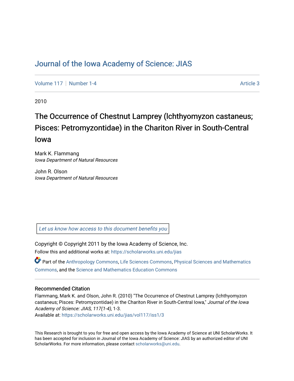 The Occurrence of Chestnut Lamprey (Lchthyomyzon Castaneus; Pisces: Petromyzontidae) in the Chariton River in South-Central Iowa