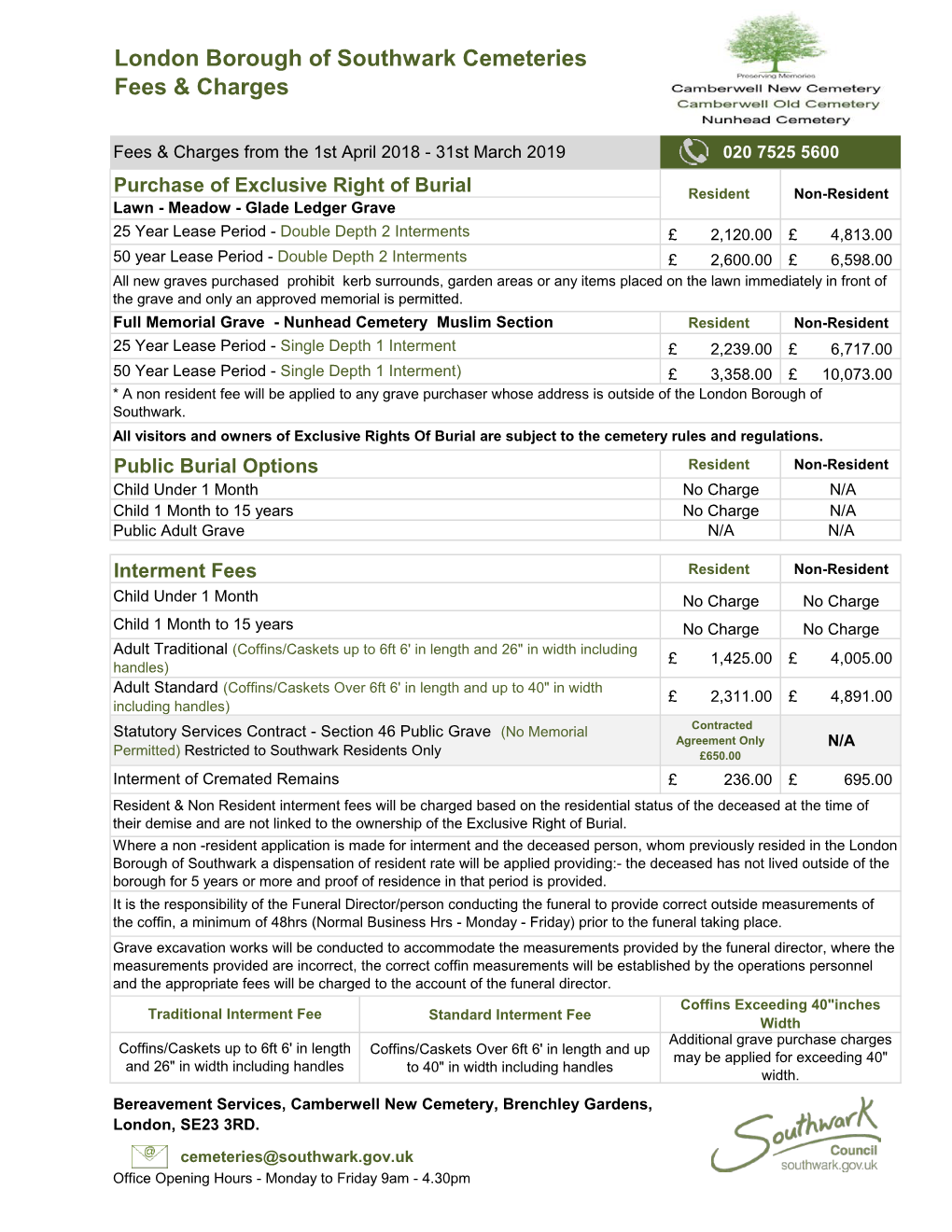 London Borough of Southwark Cemeteries Fees & Charges
