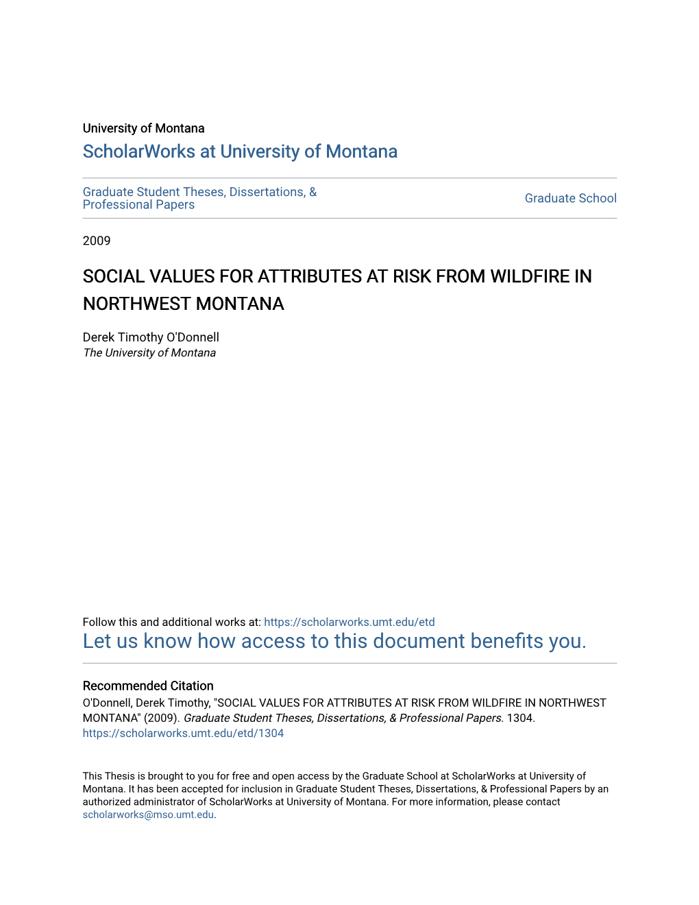 Social Values for Attributes at Risk from Wildfire in Northwest Montana