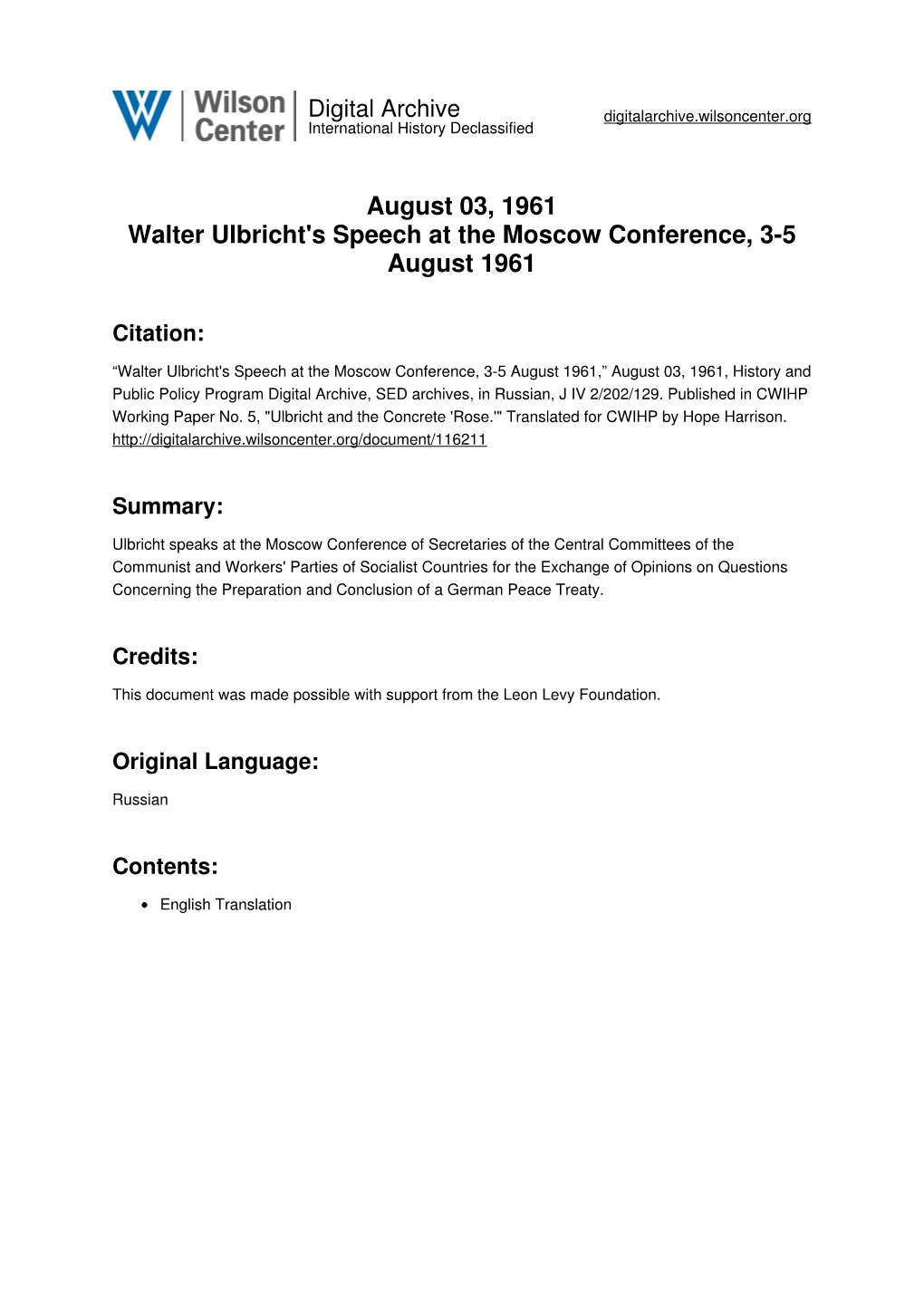 August 03, 1961 Walter Ulbricht's Speech at the Moscow Conference, 3-5 August 1961