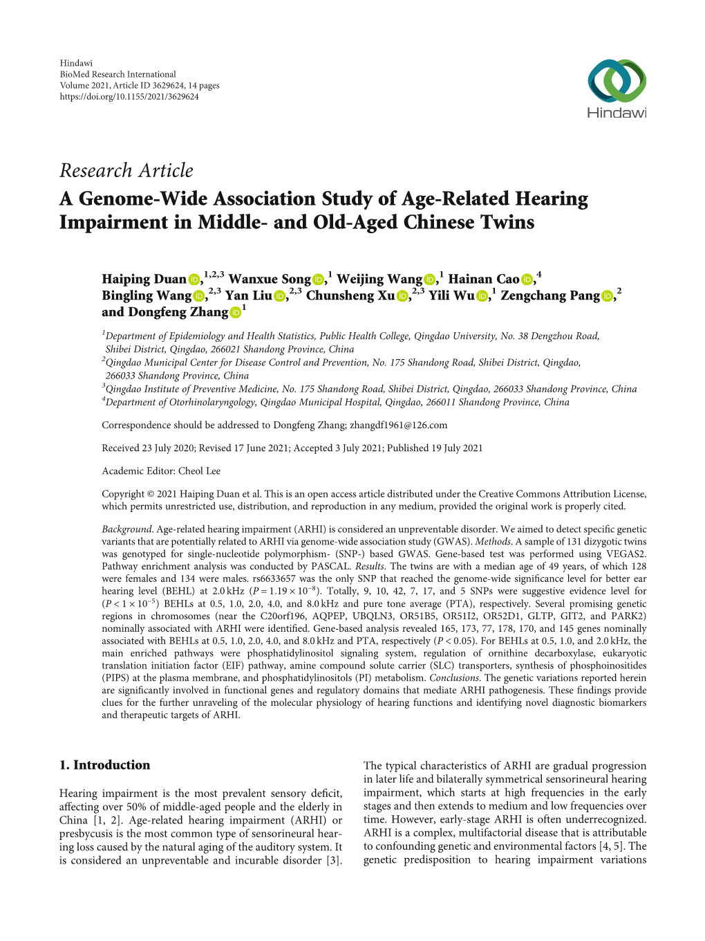 A Genome-Wide Association Study of Age-Related Hearing Impairment in Middle- and Old-Aged Chinese Twins