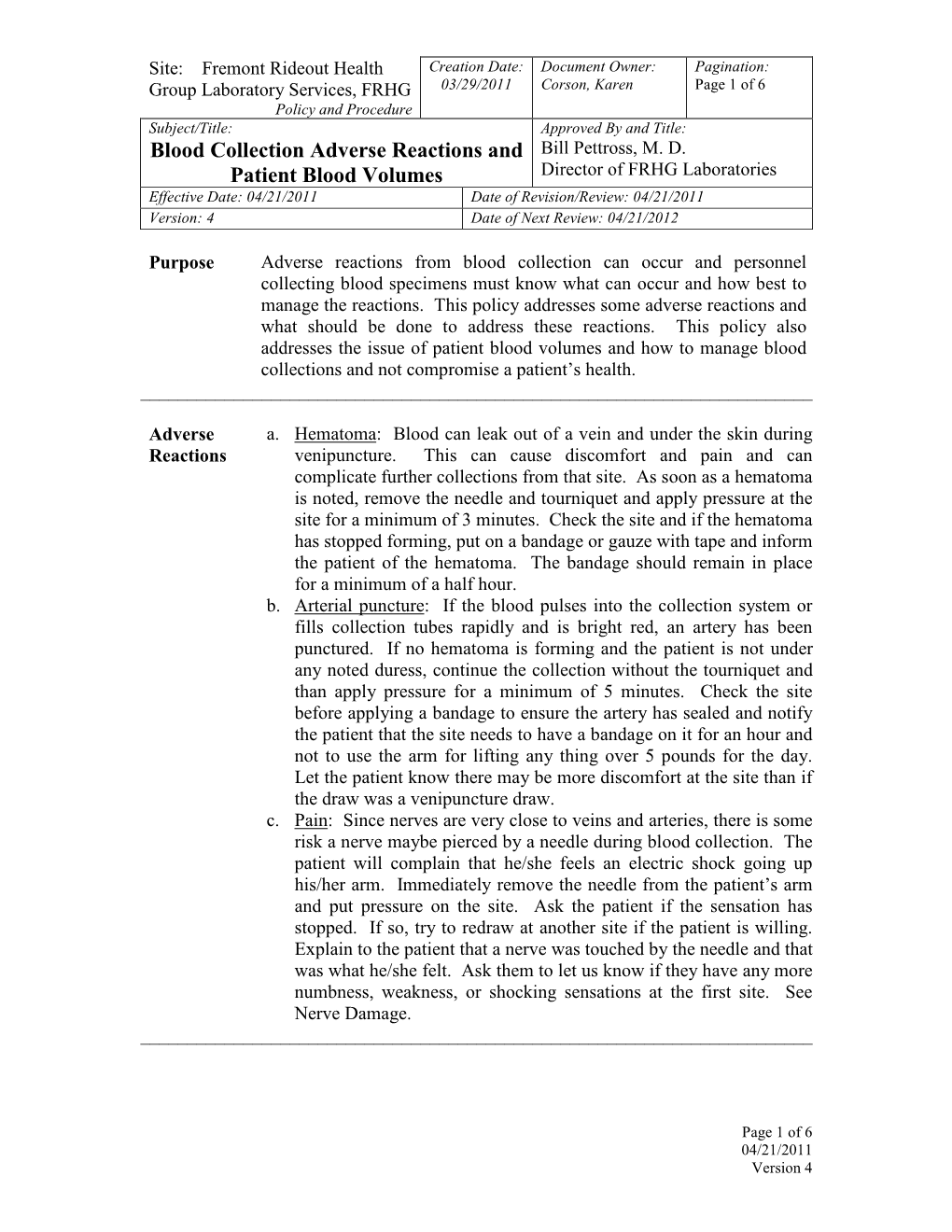 Blood Collection Adverse Reactions and Patient Blood Volumes