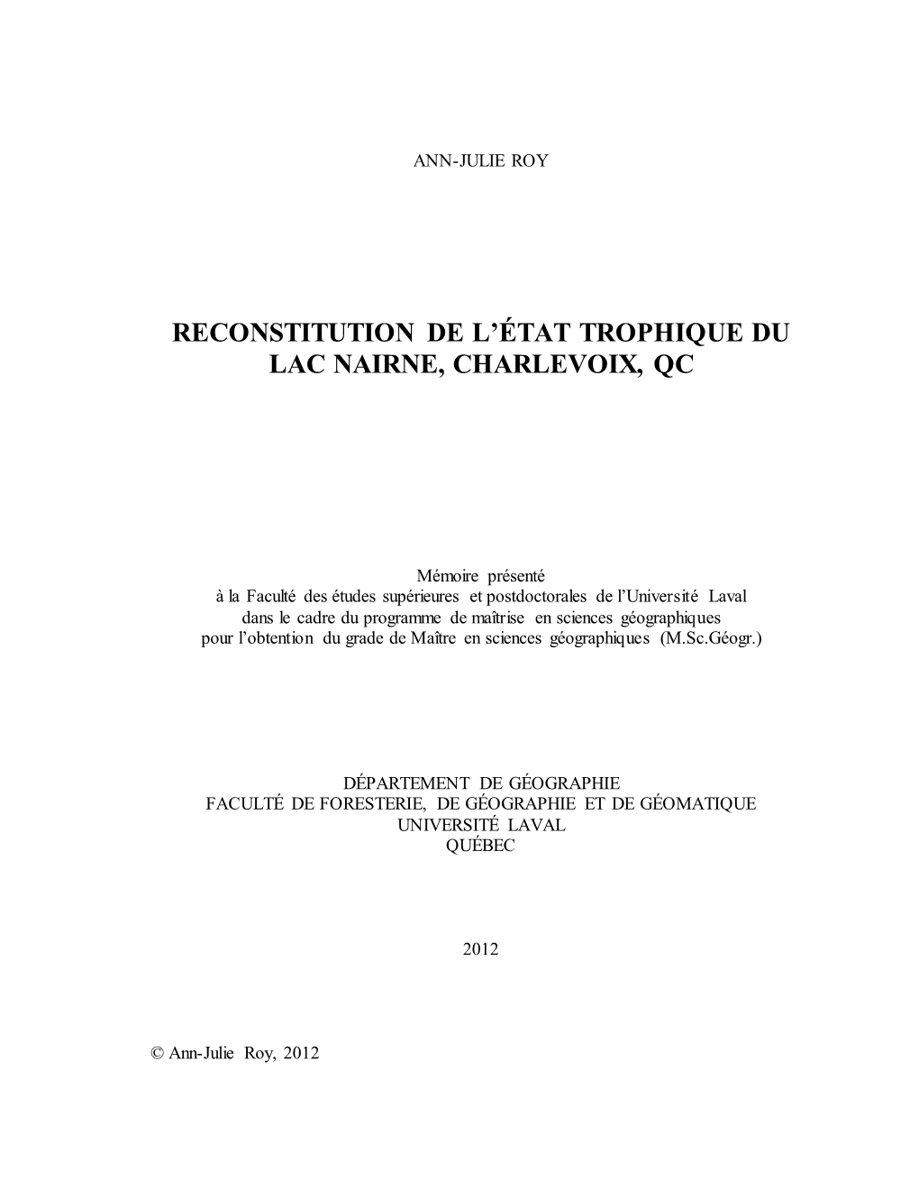Reconstitution De L'état Trophique Du Lac Nairne, Charlevoix, Qc
