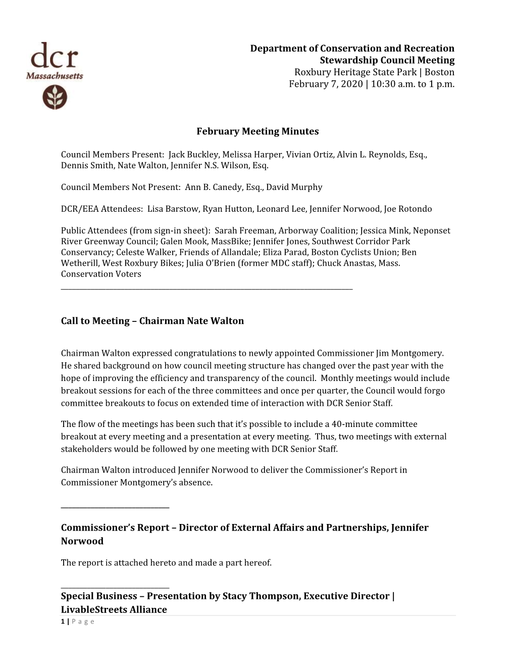 Department of Conservation and Recreation Stewardship Council Meeting Roxbury Heritage State Park | Boston February 7, 2020 | 10:30 A.M