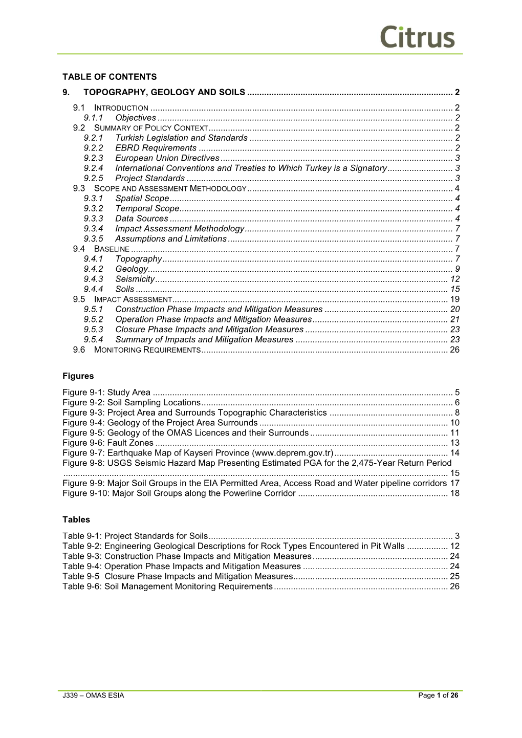 Table of Contents 9. Topography, Geology and Soils