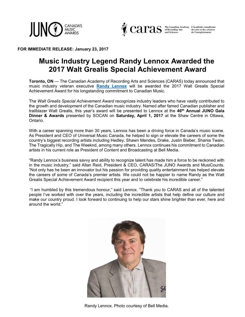 Music Industry Legend Randy Lennox Awarded the 2017 Walt Grealis Special Achievement Award
