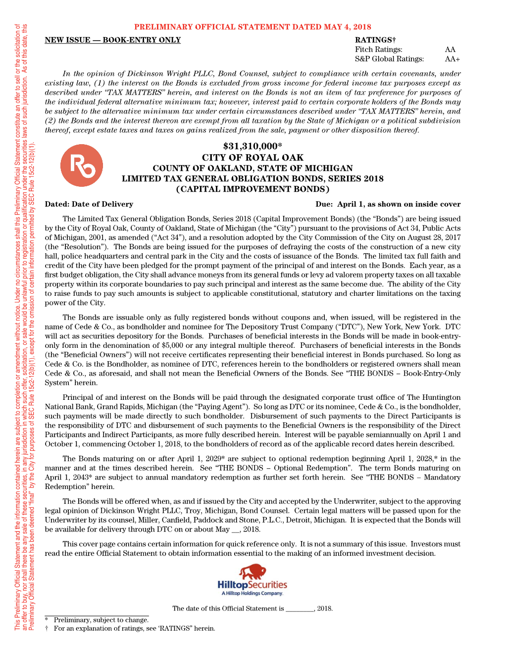 CITY of ROYAL OAK $31,310,000* Due: April1,Asshownoninsidecover S&P Globalratings: Fitch Ratings: RATINGS†