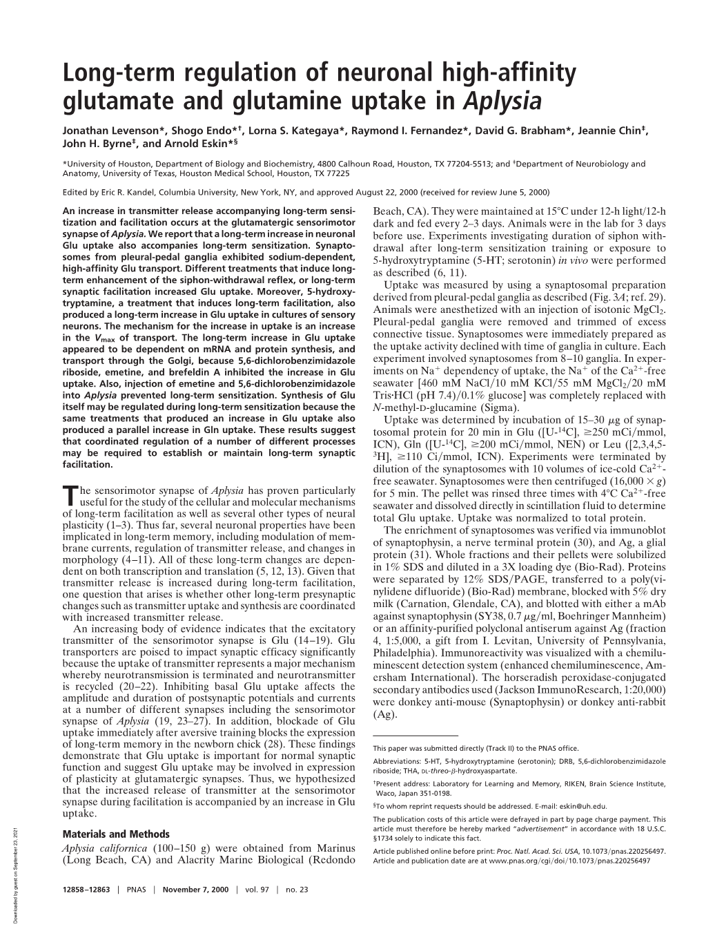 Long-Term Regulation of Neuronal High-Affinity Glutamate and Glutamine Uptake in Aplysia