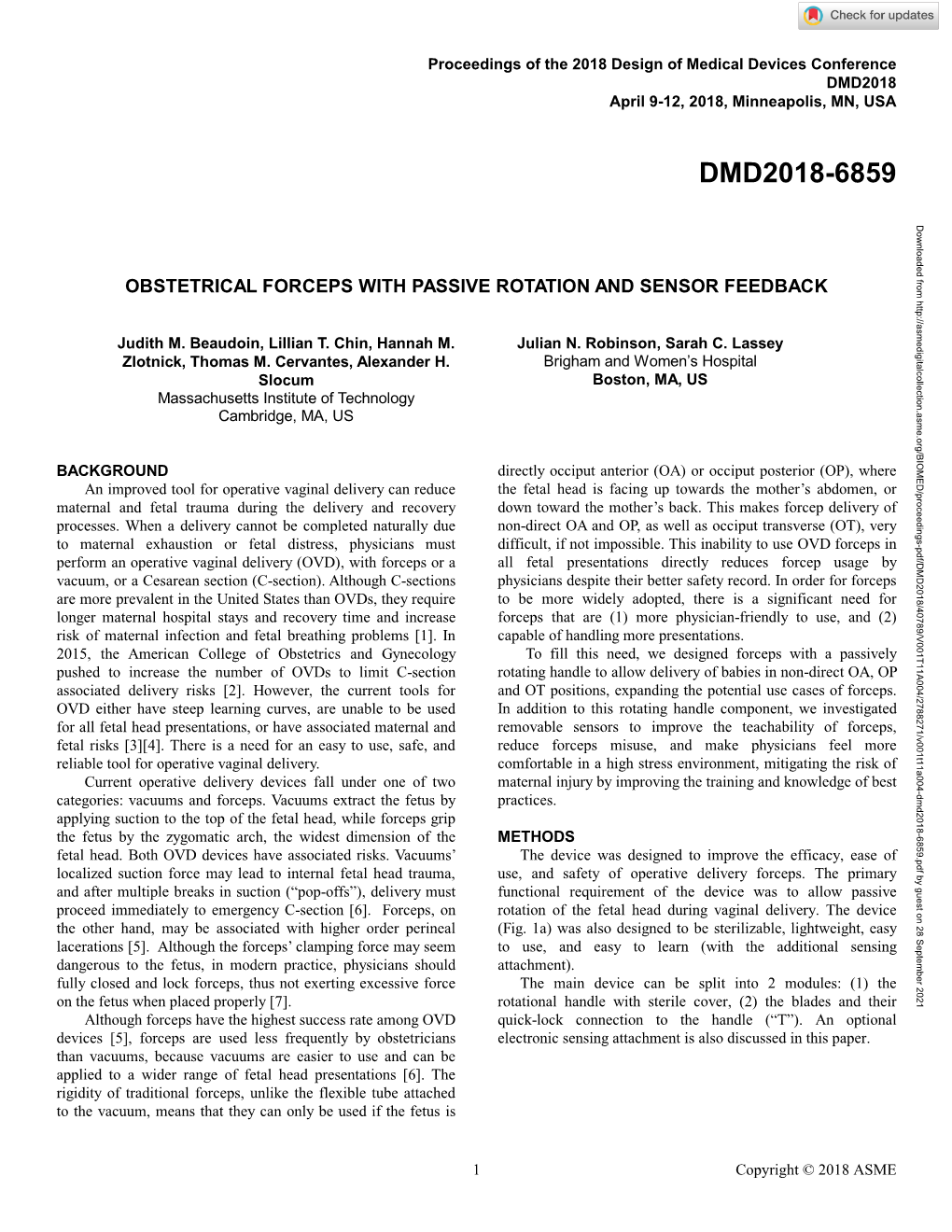 Obstetrical Forceps with Passive Rotation and Sensor Feedback