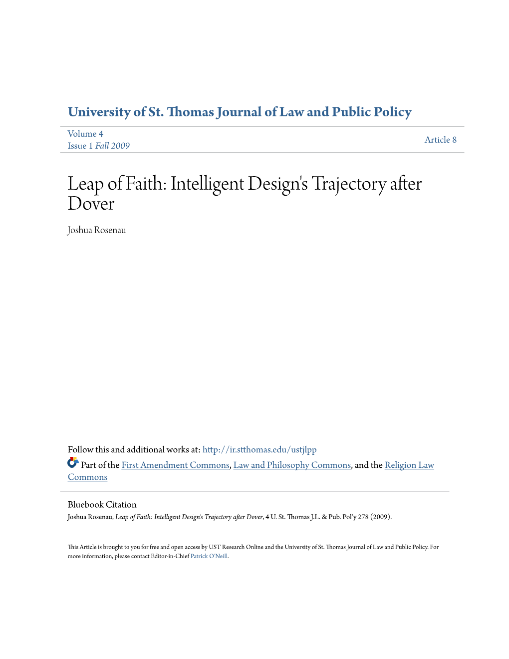 Leap of Faith: Intelligent Design's Trajectory After Dover Joshua Rosenau