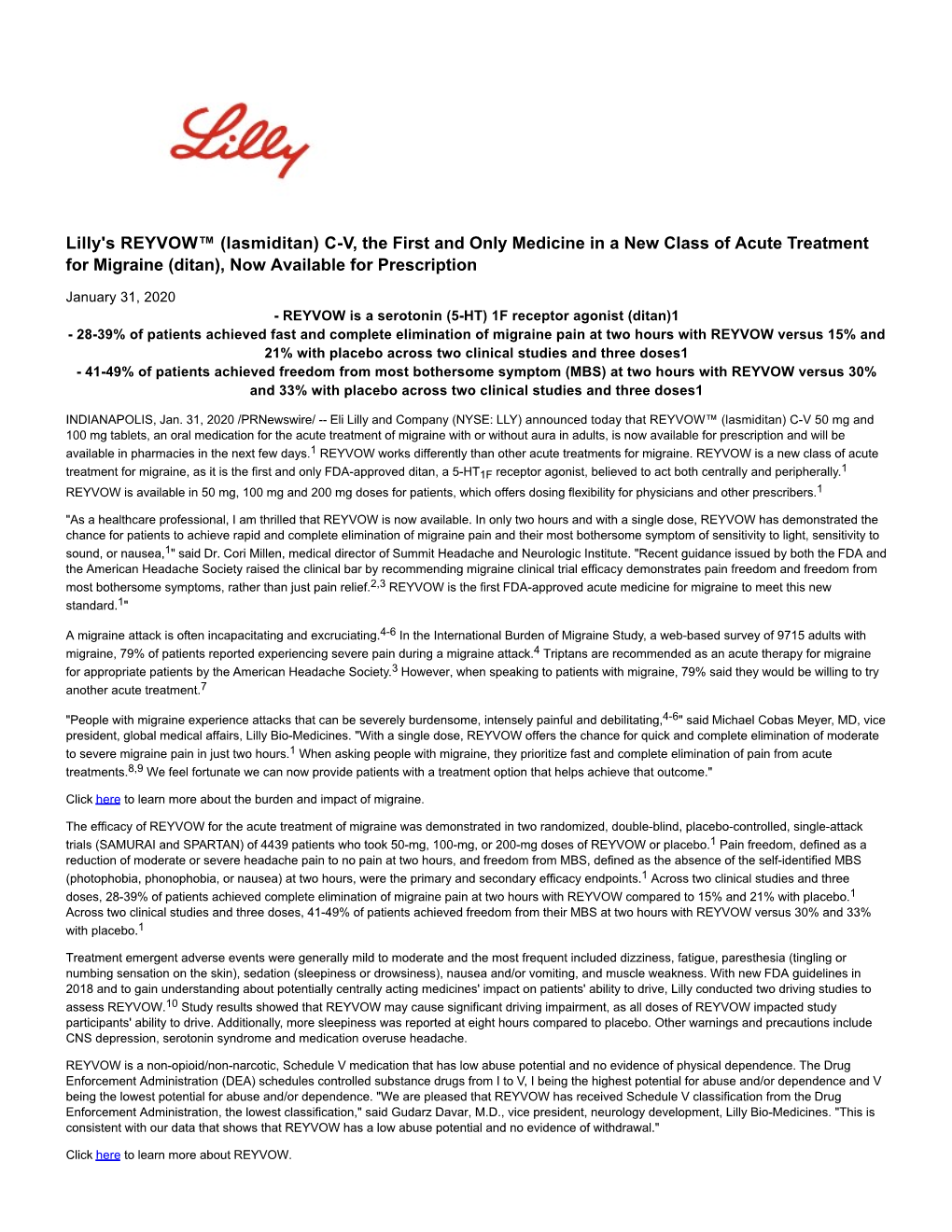 Lilly's REYVOW™ (Lasmiditan) C-V, the First and Only Medicine in a New Class of Acute Treatment for Migraine (Ditan), Now Available for Prescription