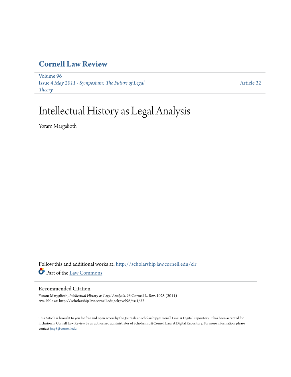 Intellectual History As Legal Analysis Yoram Margalioth
