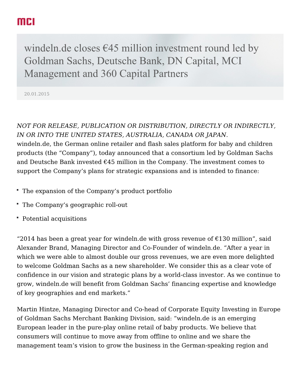 Windeln.De Closes €45 Million Investment Round Led by Goldman Sachs, Deutsche Bank, DN Capital, MCI Management and 360 Capital Partners