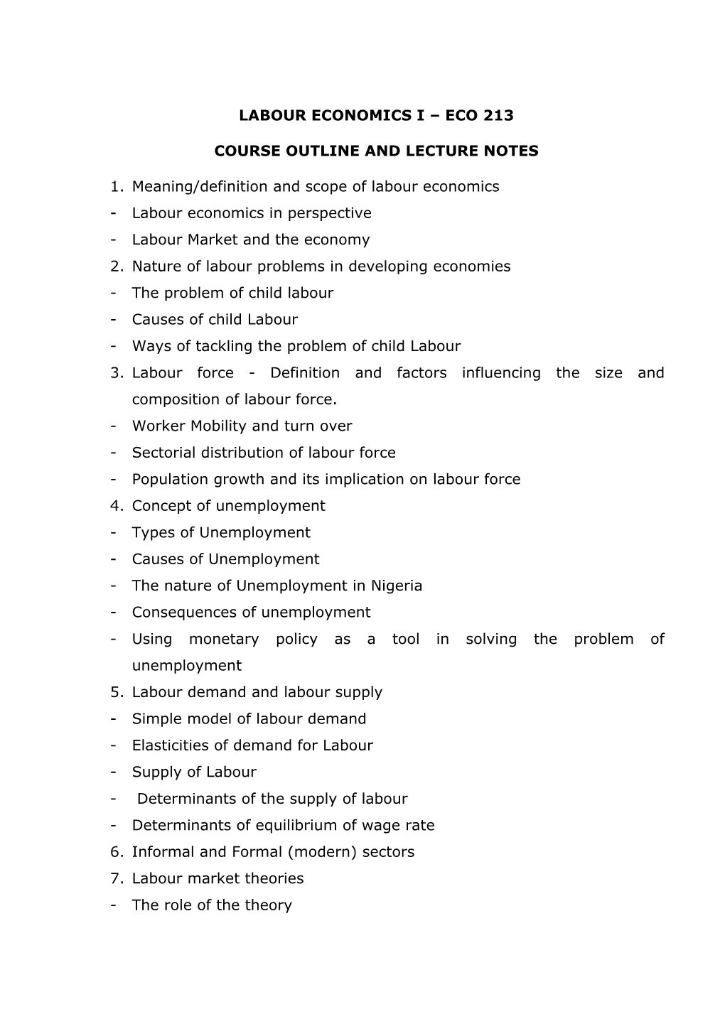 Labour Economics I – Eco 213 Course Outline And