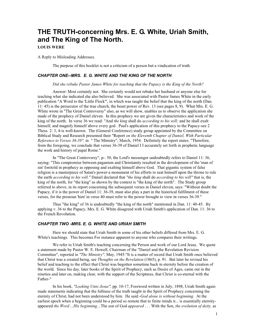 THE TRUTH-Concerning Mrs. E. G. White, Uriah Smith, and the King of the North