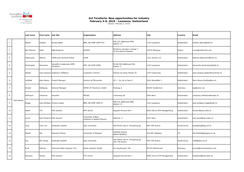 New Opportunities for Industry February 3-5, 2015 - Lausanne, Switzerland (Version: February 2, 2015)