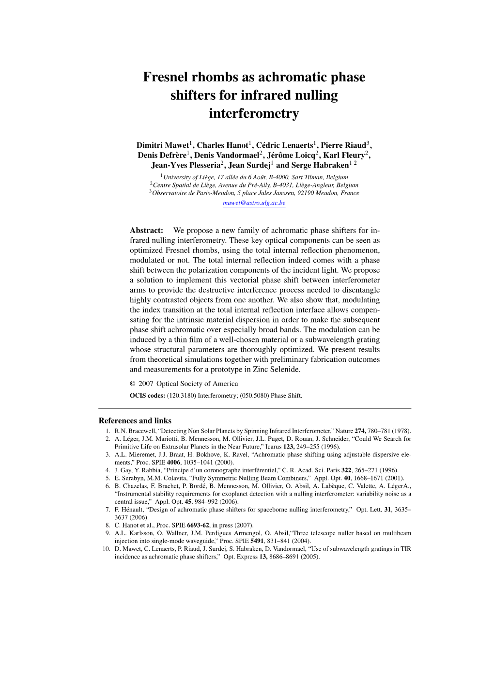 Fresnel Rhombs As Achromatic Phase Shifters for Infrared Nulling Interferometry