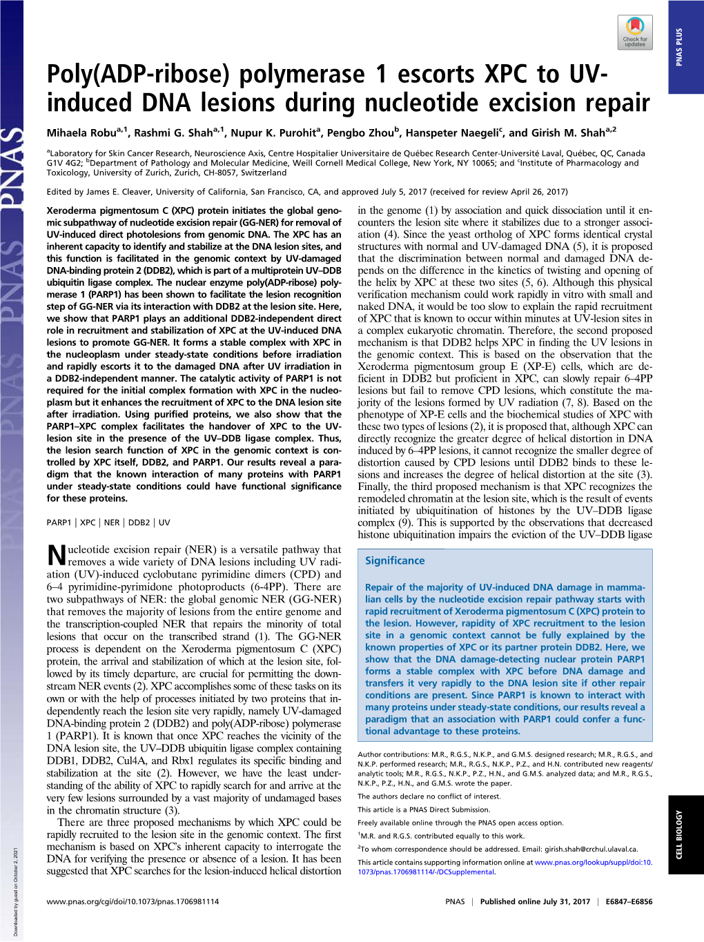 Poly(ADP-Ribose) Polymerase 1 Escorts XPC to UV-Induced DNA