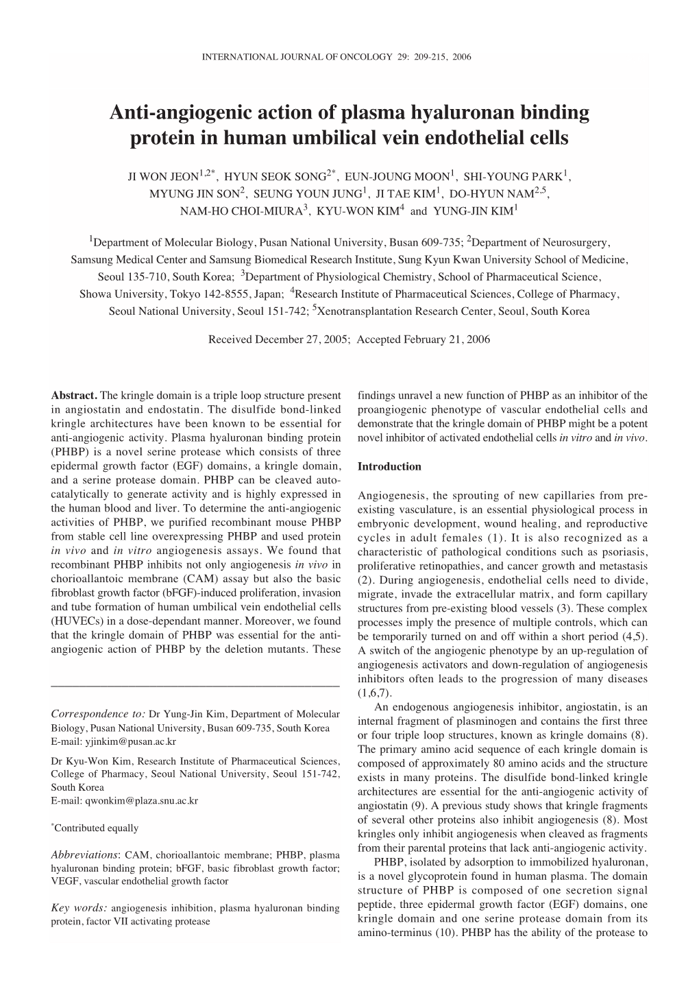 Anti-Angiogenic Action of Plasma Hyaluronan Binding Protein in Human Umbilical Vein Endothelial Cells