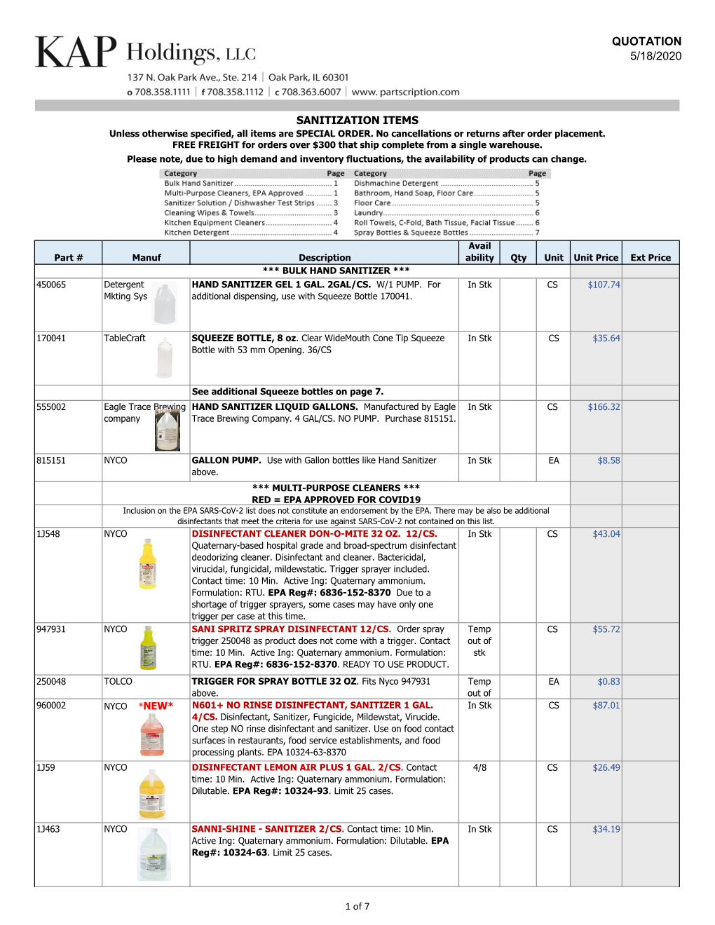 Quotation 5/18/2020 Sanitization Items