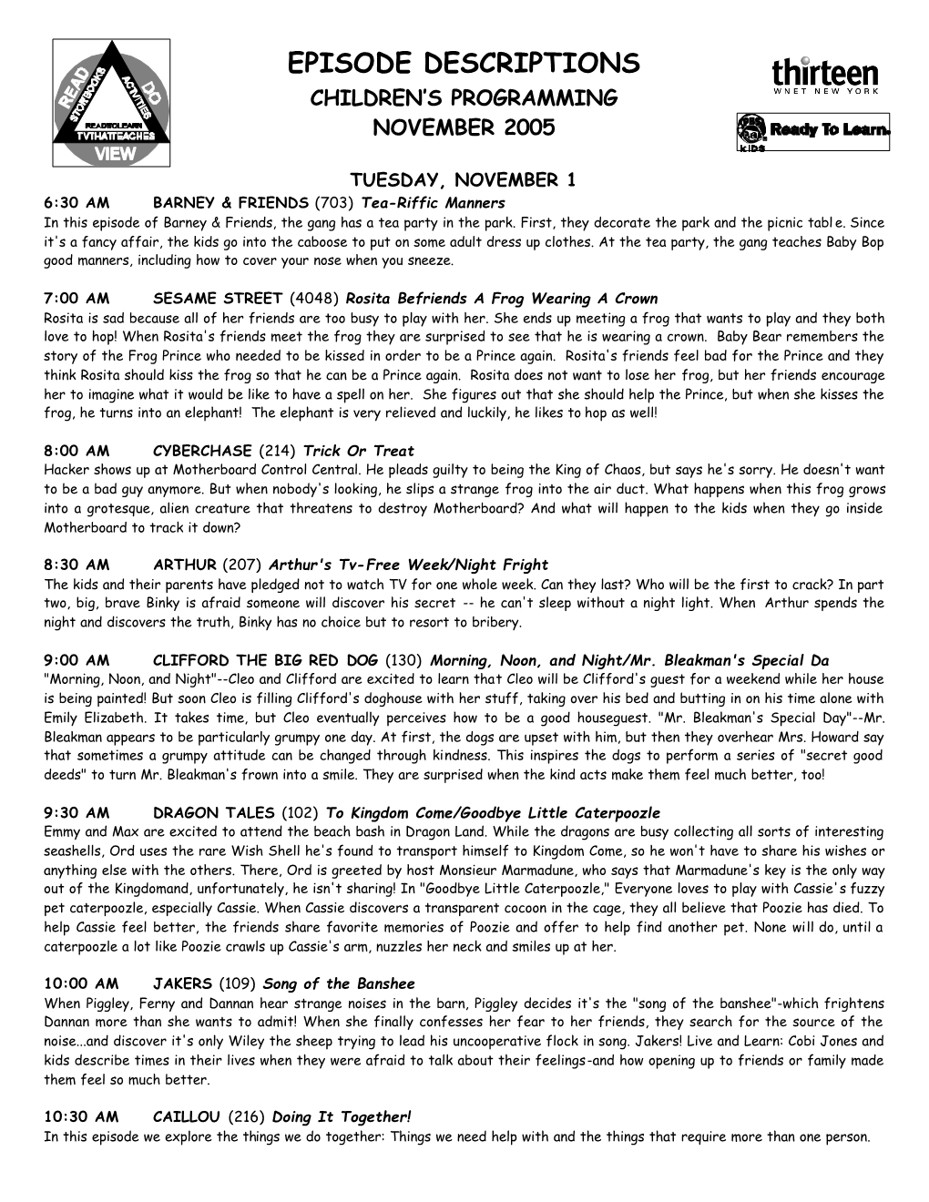 Episode Descriptions Children’S Programming November 2005