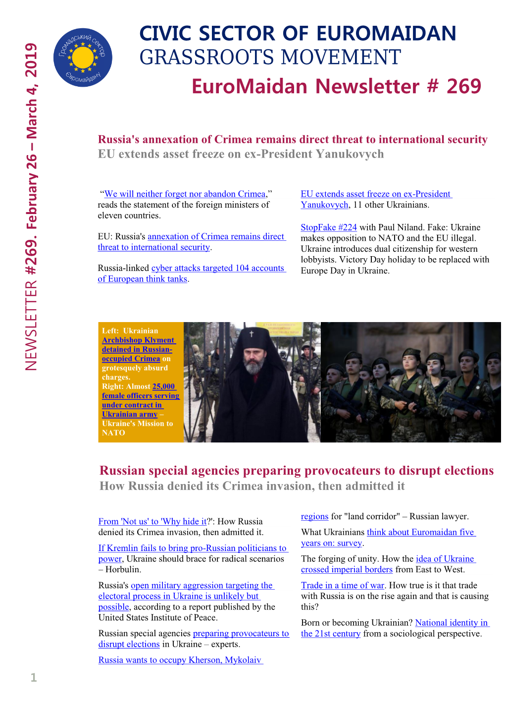 Euromaidan Newsletter # 269 CIVIC SECTOR of EUROMAIDAN GRASSROOTS MOVEMENT