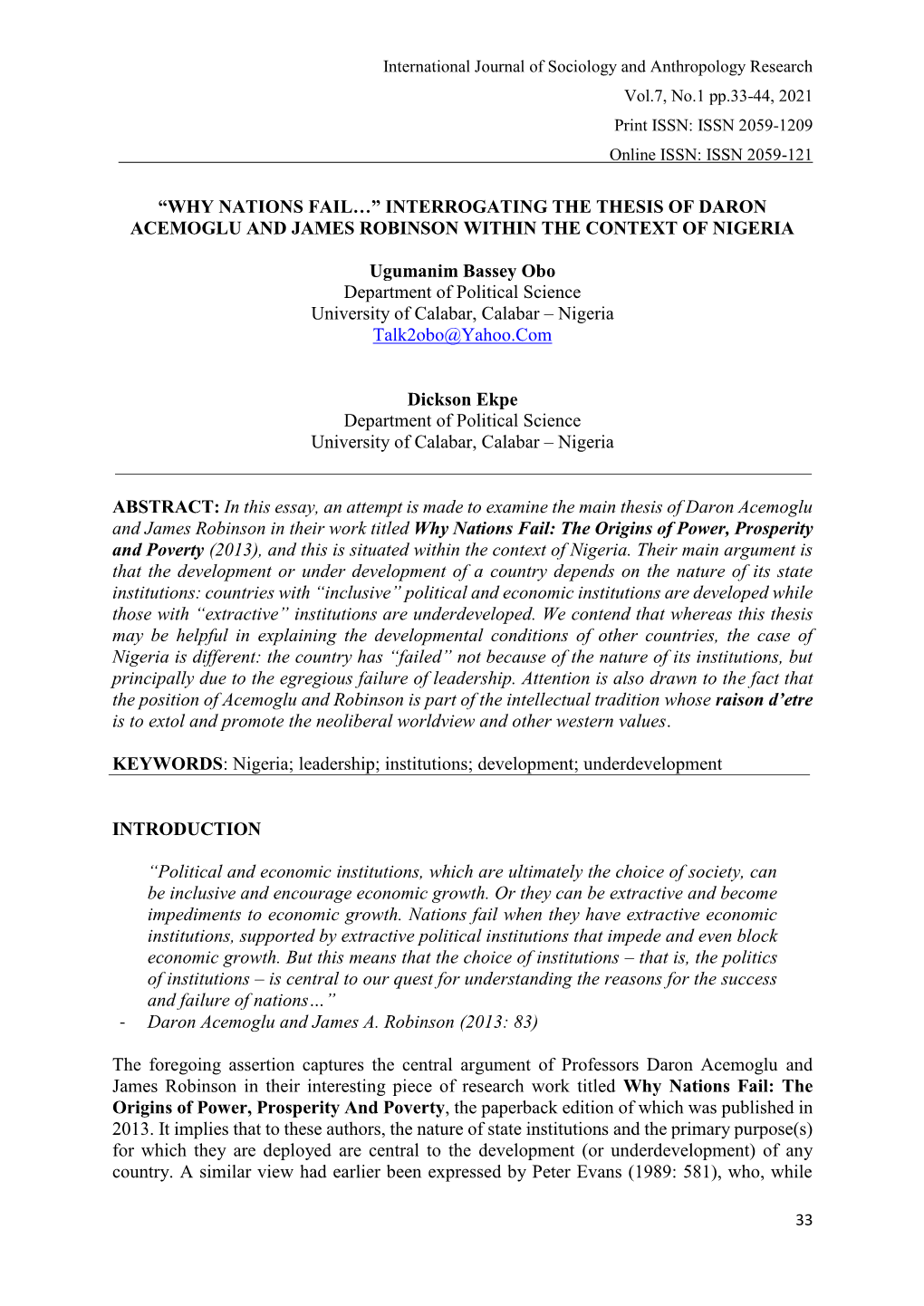 Why Nations Fail…” Interrogating the Thesis of Daron Acemoglu and James Robinson Within the Context of Nigeria