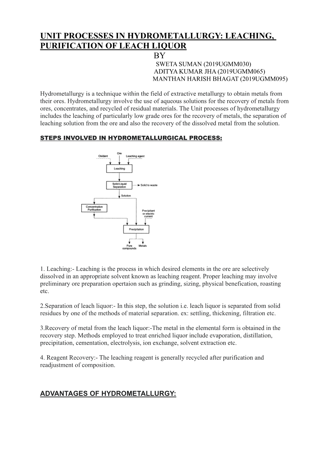 Unit Processes in Hydrometallurgy: Leaching, Purification of Leach Liquor