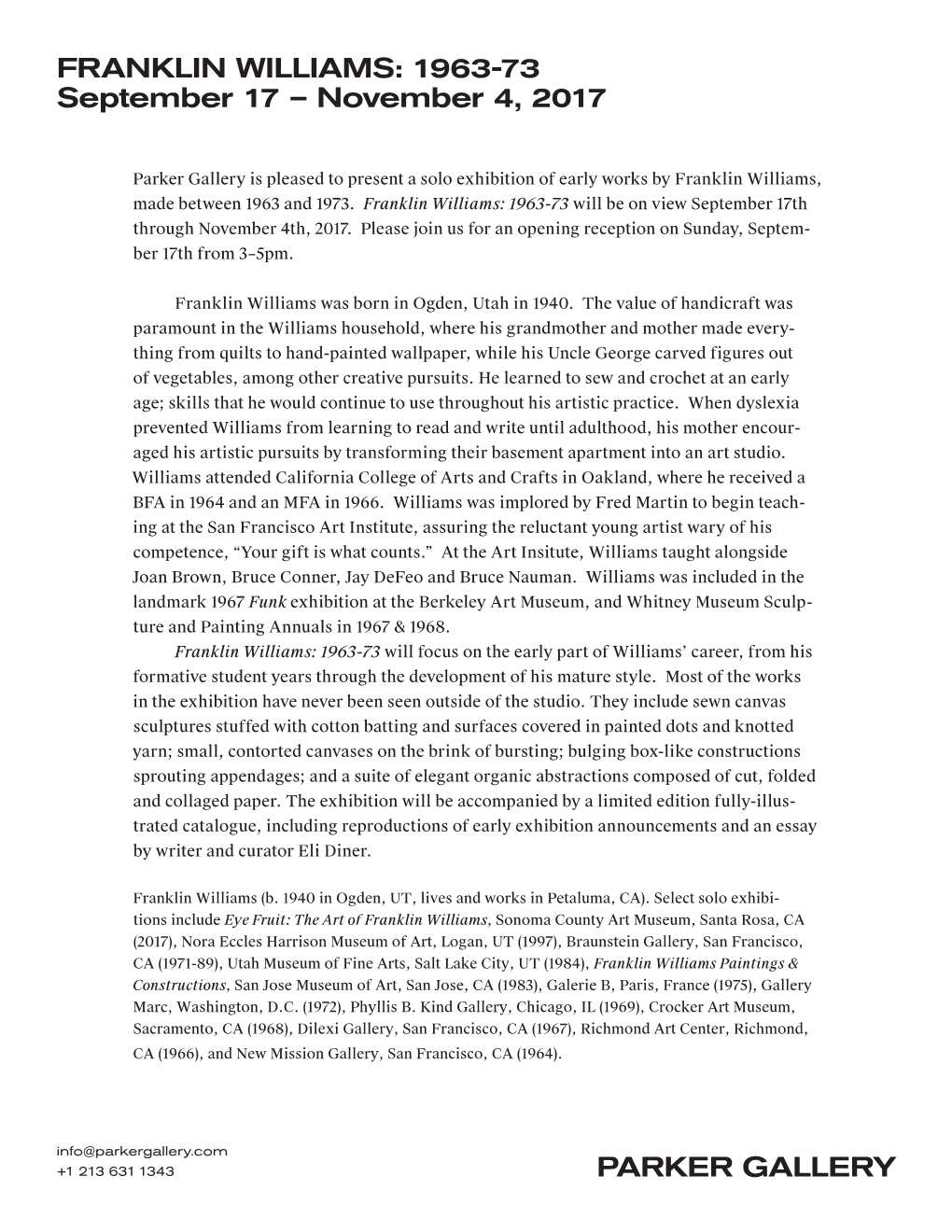 FRANKLIN WILLIAMS: 1963-73 September 17 – November 4, 2017