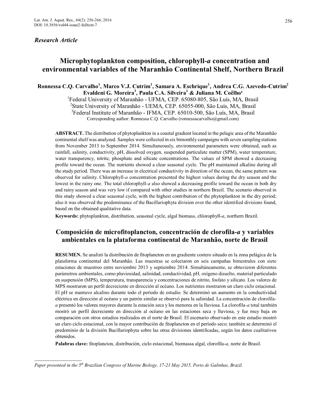 Microphytoplankton Composition, Chlorophyll-A Concentration and Environmental Variables of the Maranhão Continental Shelf, Northern Brazil