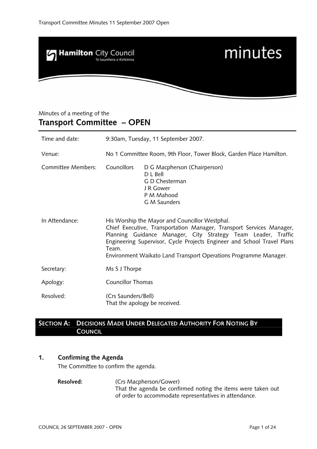 Transport Committee Minutes 11 September 2007 Open