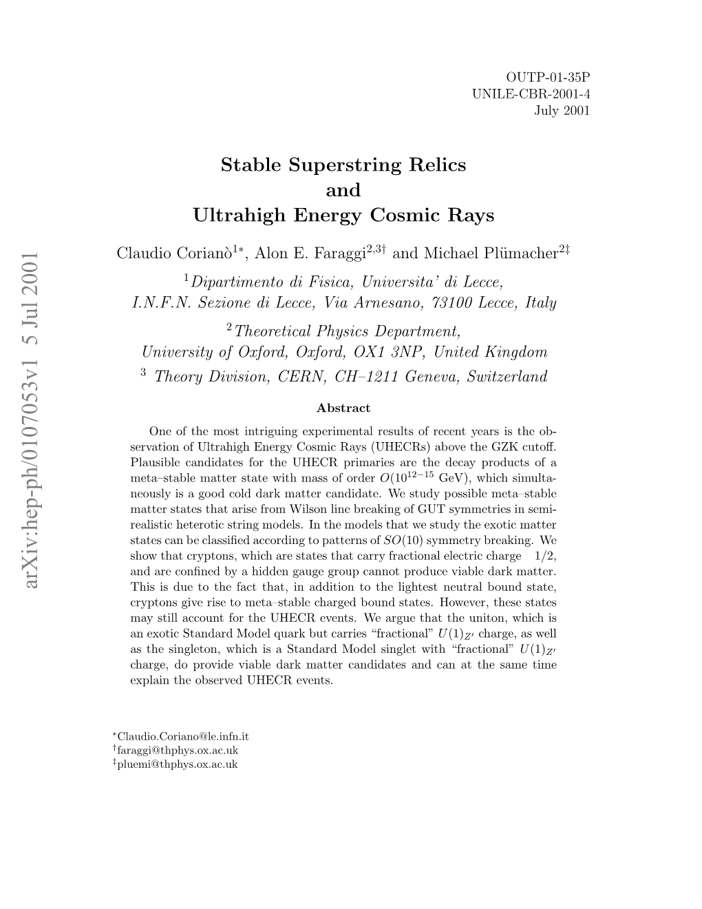 Stable Superstring Relics and Ultrahigh Energy Cosmic Rays