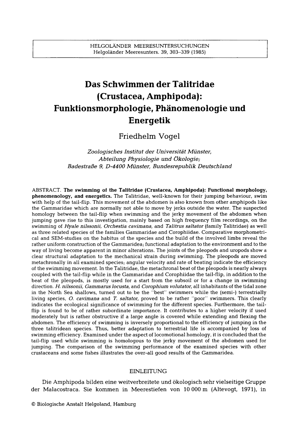 Das Schwimmen Der Talitridae (Crustacea, Amphipoda): Funktionsmorphologie, Ph Inomenologie Und Energetik Friedhelm Vogel