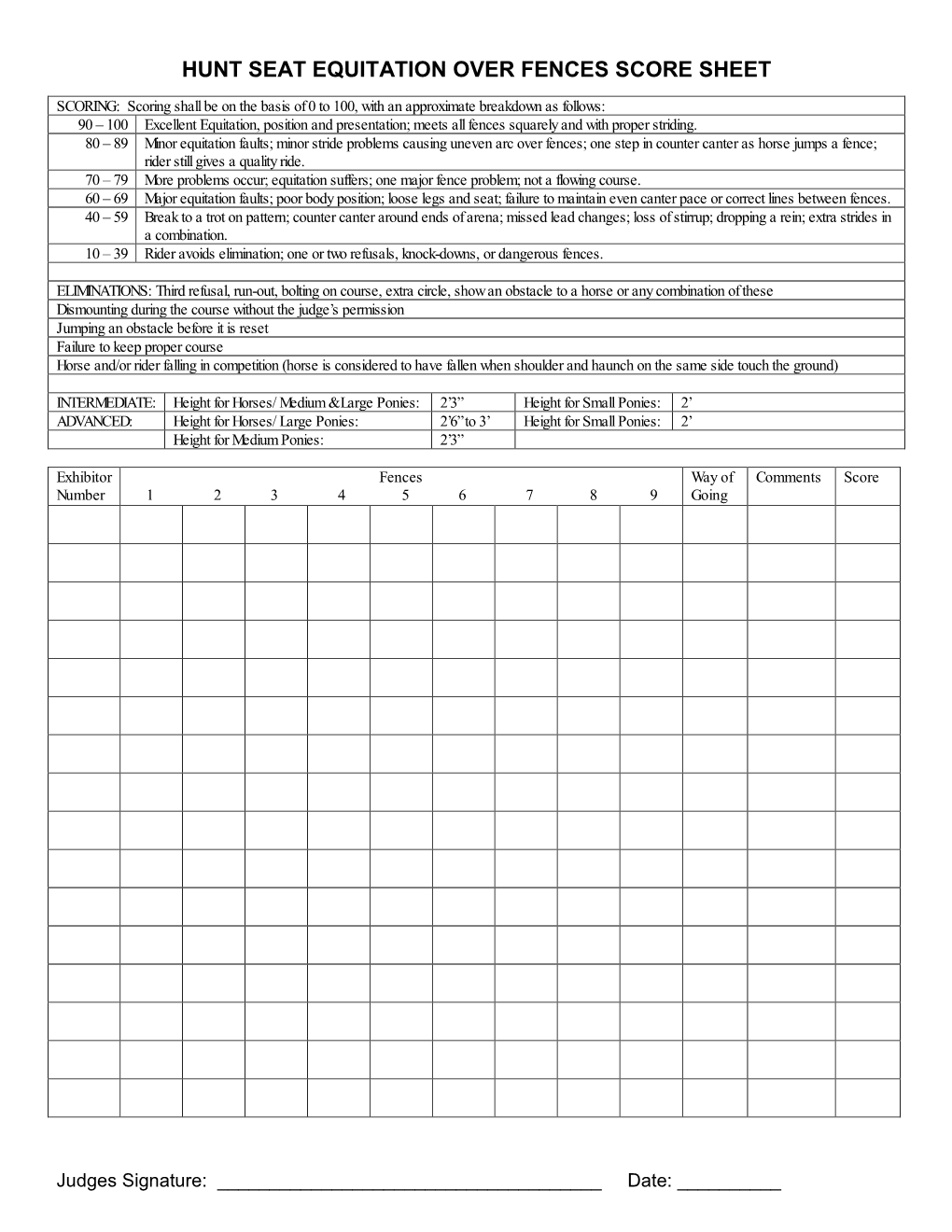 Hunt Seat Equitation Over Fences Score Sheet