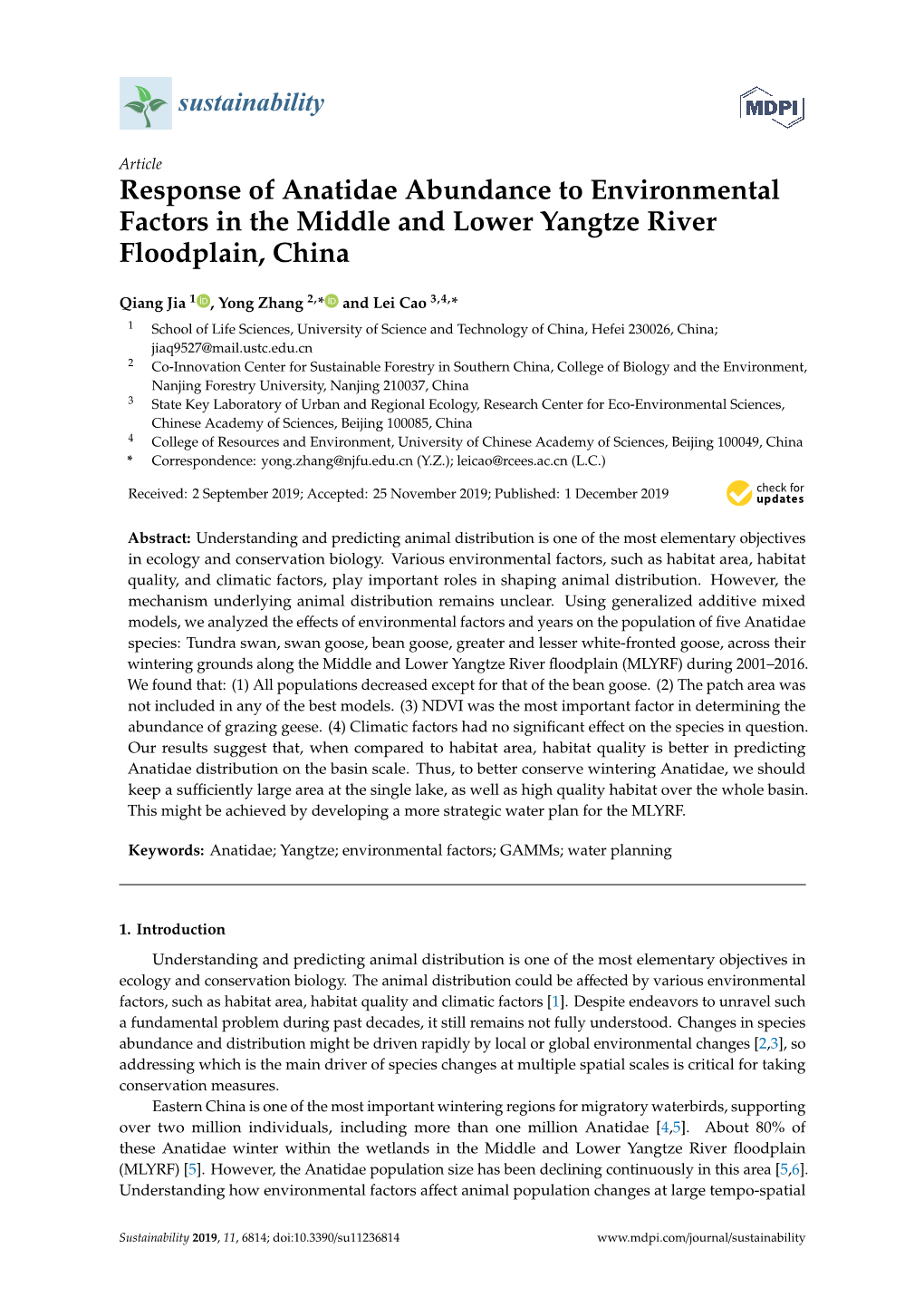 Response of Anatidae Abundance to Environmental Factors in the Middle and Lower Yangtze River Floodplain, China