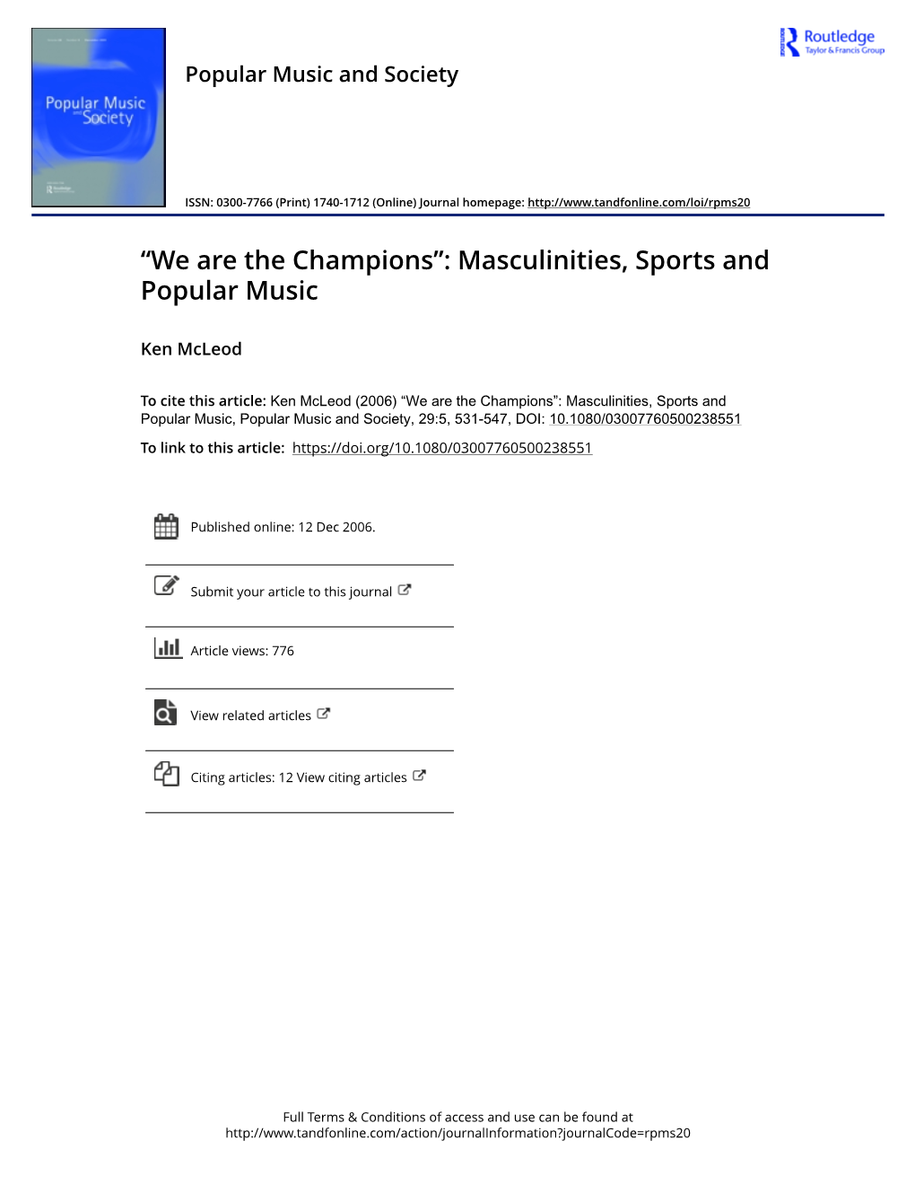 Masculinities, Sports and Popular Music