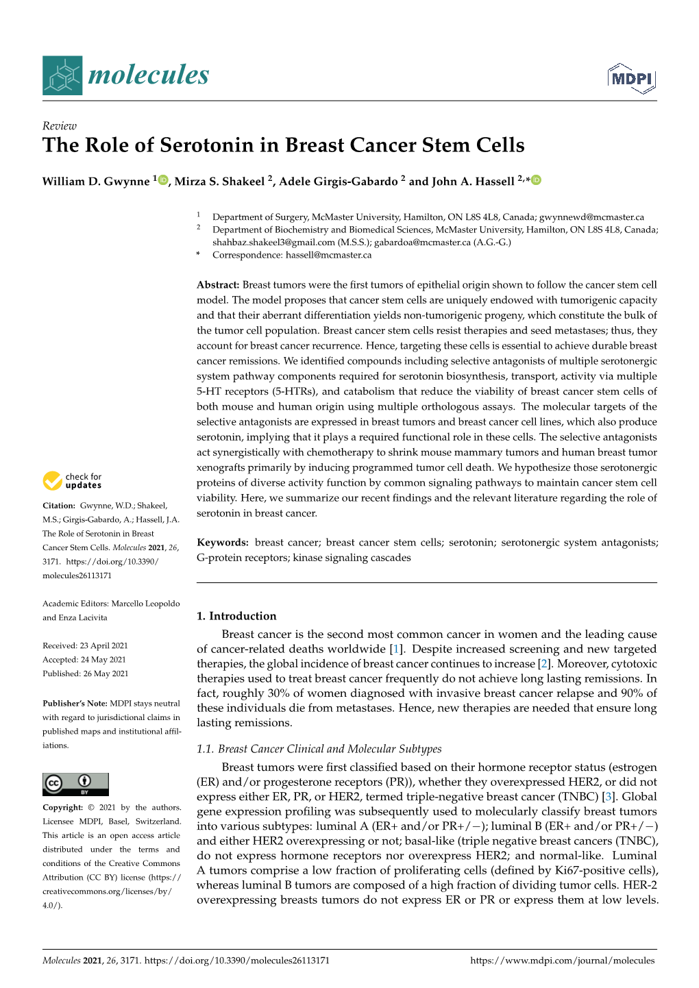 The Role of Serotonin in Breast Cancer Stem Cells