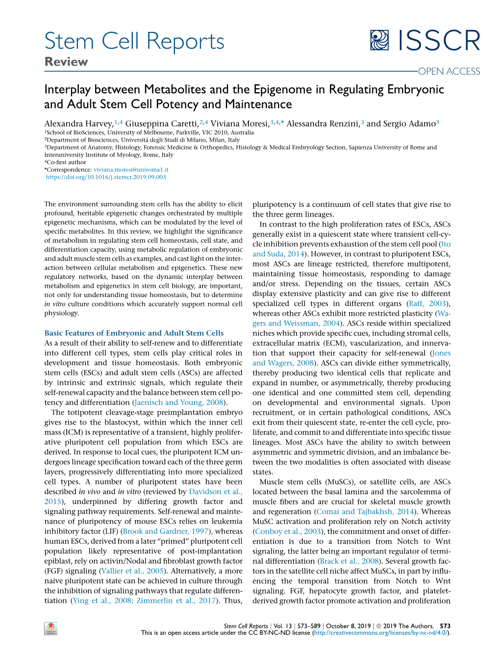 Interplay Between Metabolites and the Epigenome in Regulating Embryonic and Adult Stem Cell Potency and Maintenance