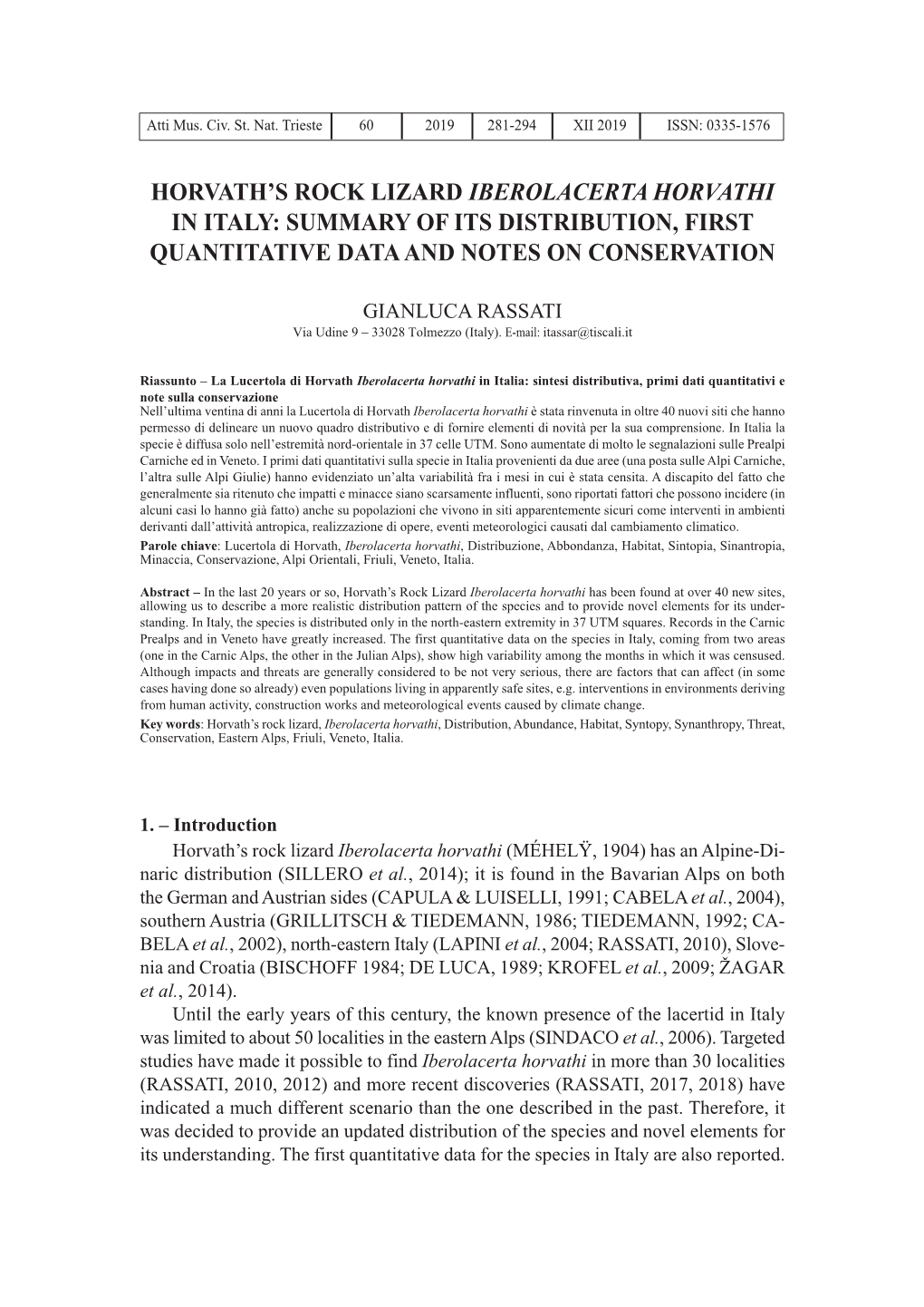 Horvath's Rock Lizard Iberolacerta Horvathi in Italy: Summary of Its Distribution, First Quantitative Data and Notes on Conservation