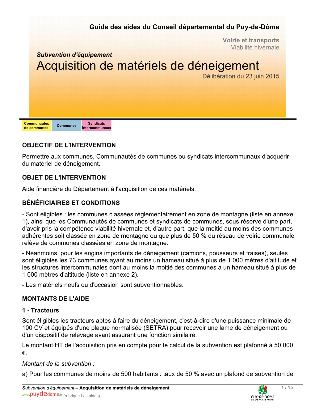Acquisition De Matériels De Déneigement Délibération Du 23 Juin 2015