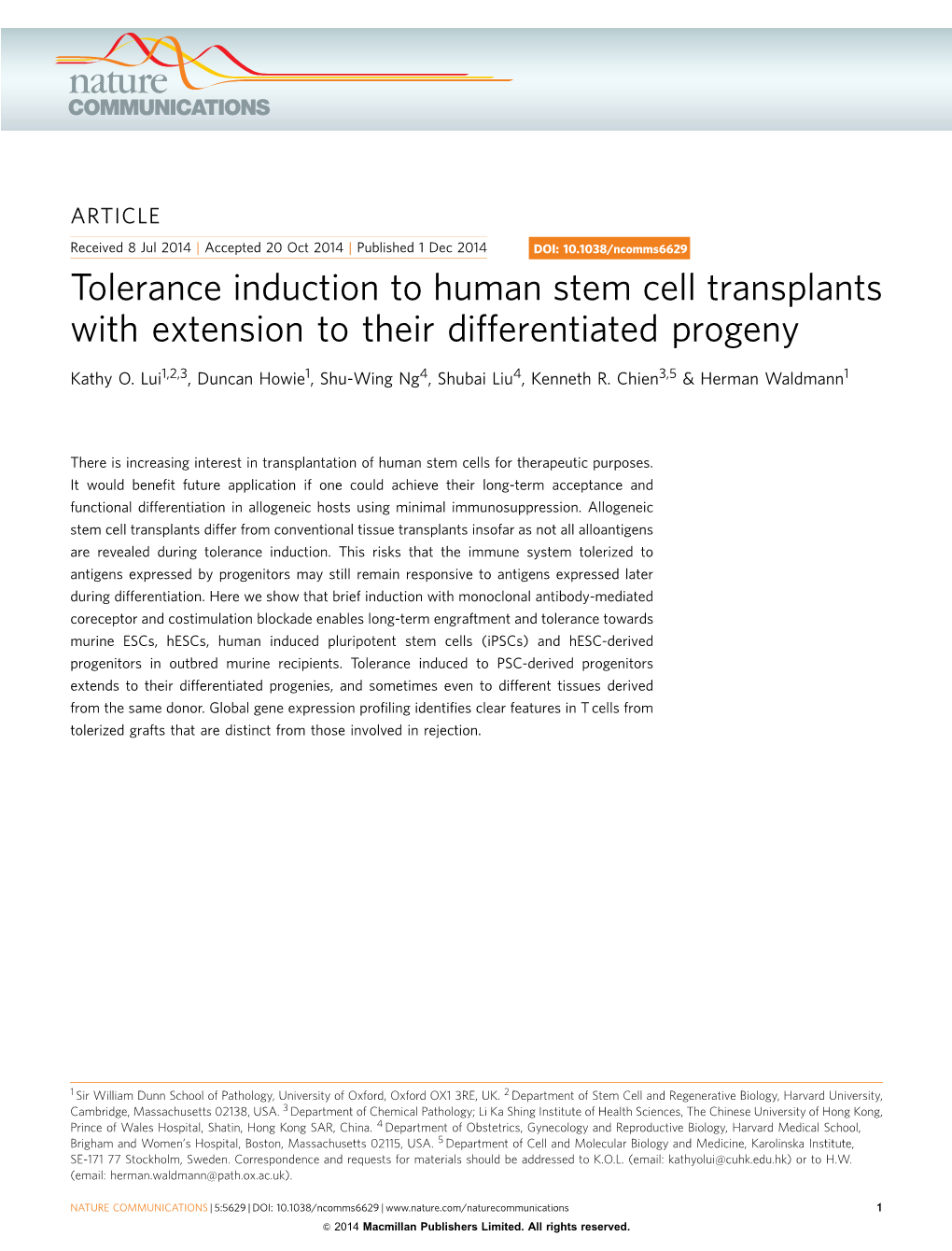 Tolerance Induction to Human Stem Cell Transplants with Extension to Their Differentiated Progeny