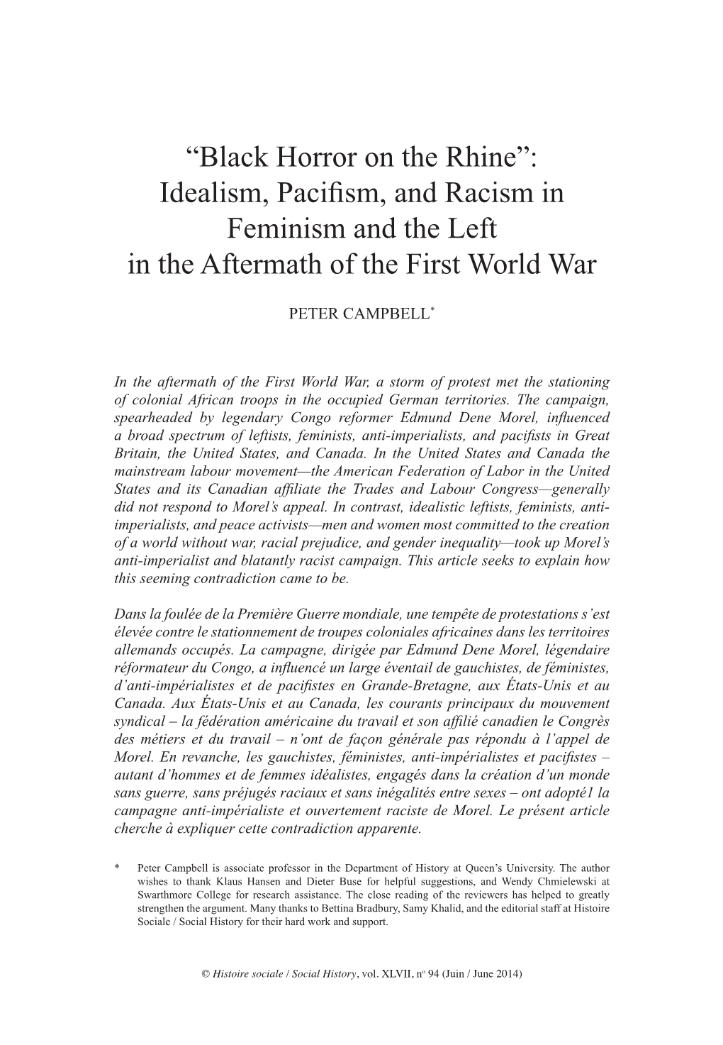 Black Horror on the Rhine”: Idealism, Pacifism, and Racism in Feminism and the Left in the Aftermath of the First World War